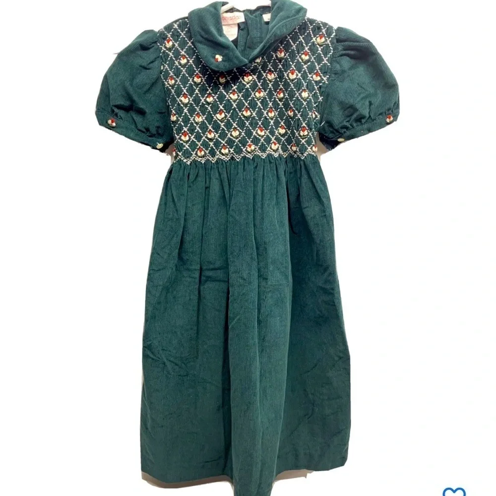 Monadas Smocked Dress Size 6 Dark Green Corduroy holiday dress